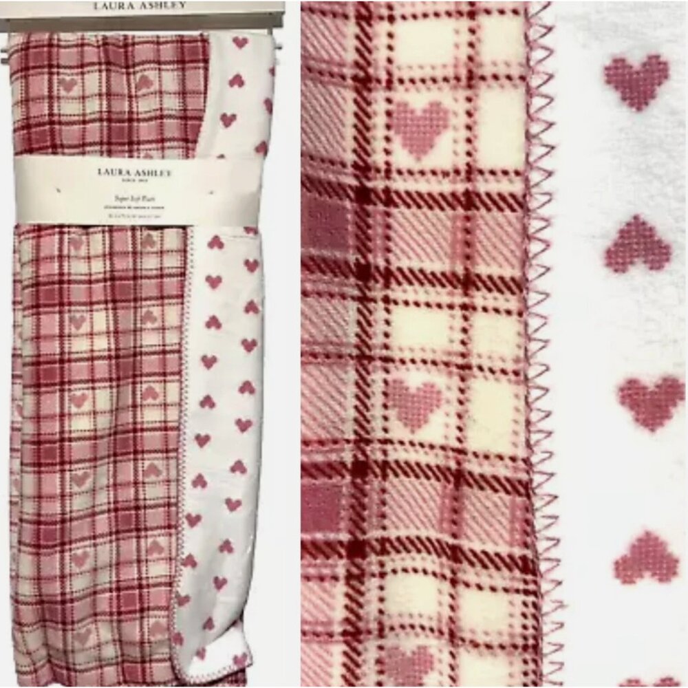 Laura Ashley Pink Plaid Hearts Throw Blanket Soft Reversible Valentine's Day